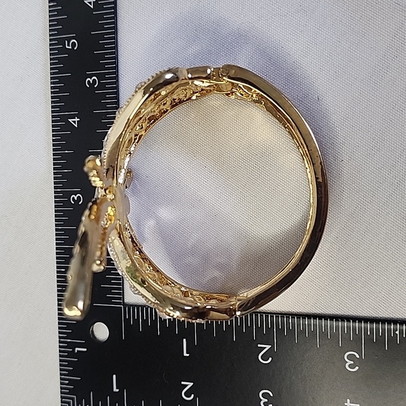 Gold Statement Hinge/ Clamper Bangle Bracelet Dragonfly with Clear Crystals New - Picture 6 of 8